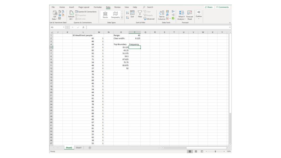 step 5.2 excell quantitative frequency table