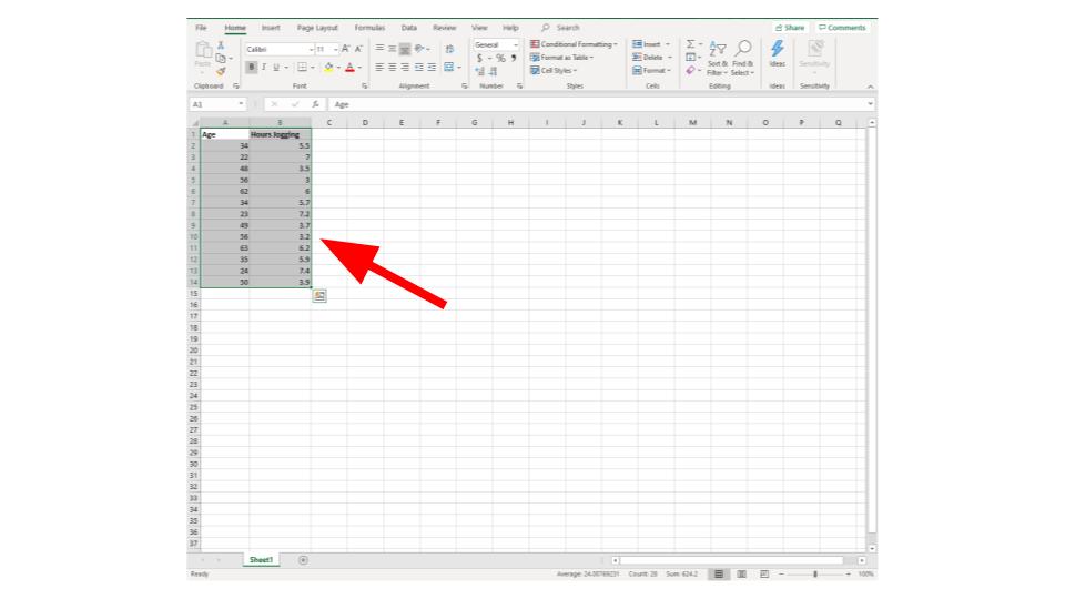 excel scatterplot example step 1